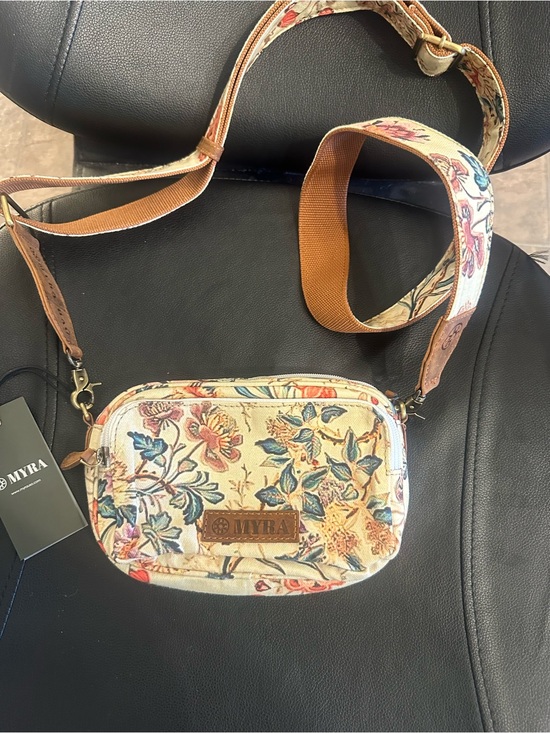 Myra Bag Handbags - Myra Bag Floral Canvas Crossbody in Cream with Blue and Pink Accents